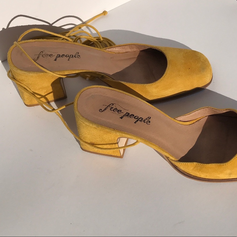 Yellow Suede Free People tie up mules size 9